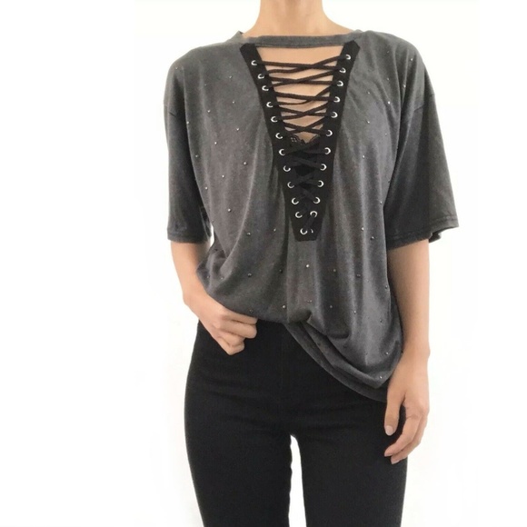 Umgee Tops - Umgee Womens Lace Front Studded Gray T Shirt